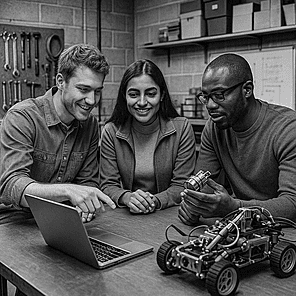 Inventors and engineers working on project in garage lab. 